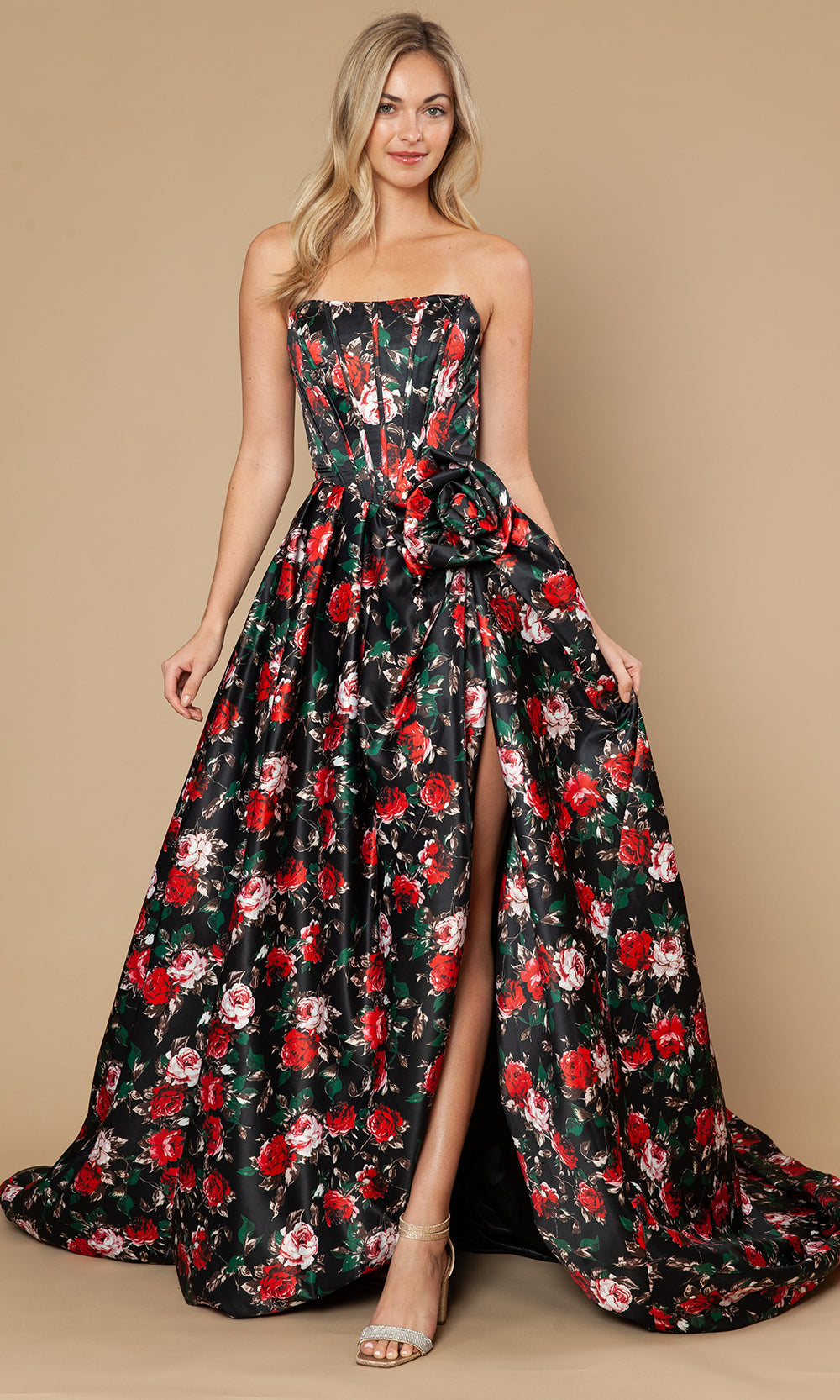 Poly USA 25188 - Floral Strapless A-Line Gown with Slit Prom Dresses