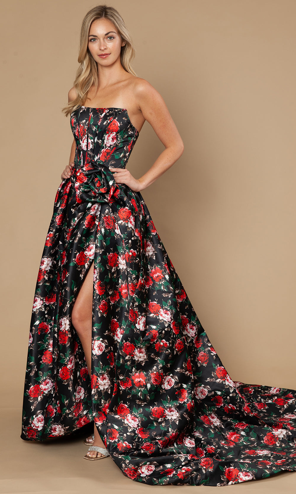 Poly USA 25188 - Floral Strapless A-Line Gown with Slit Prom Dresses