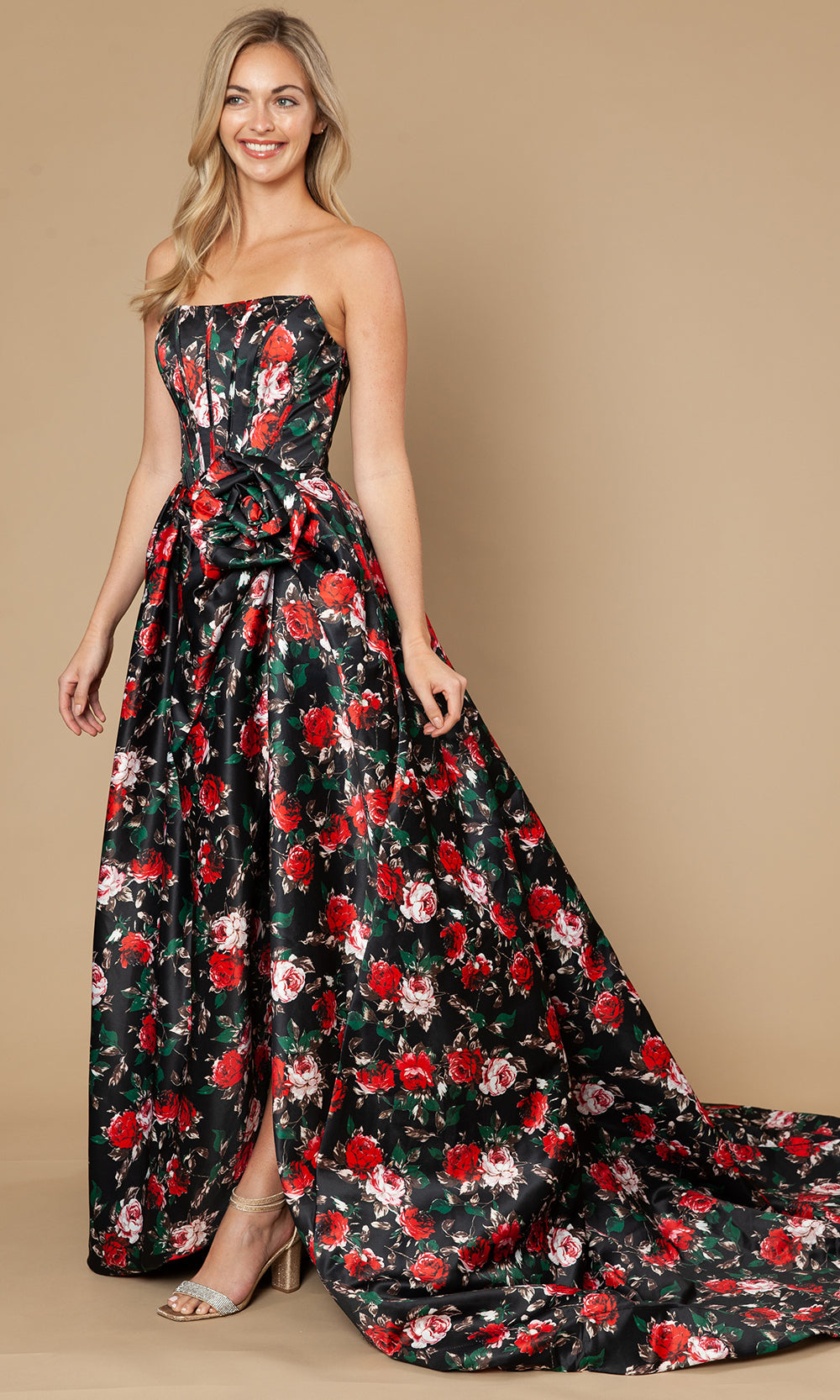 Poly USA 25188 - Floral Strapless A-Line Gown with Slit Prom Dresses