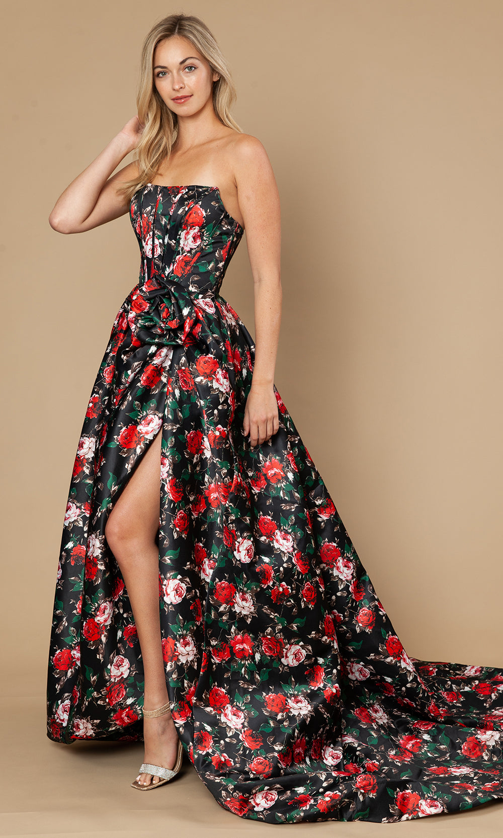 Poly USA 25188 - Floral Strapless A-Line Gown with Slit Prom Dresses