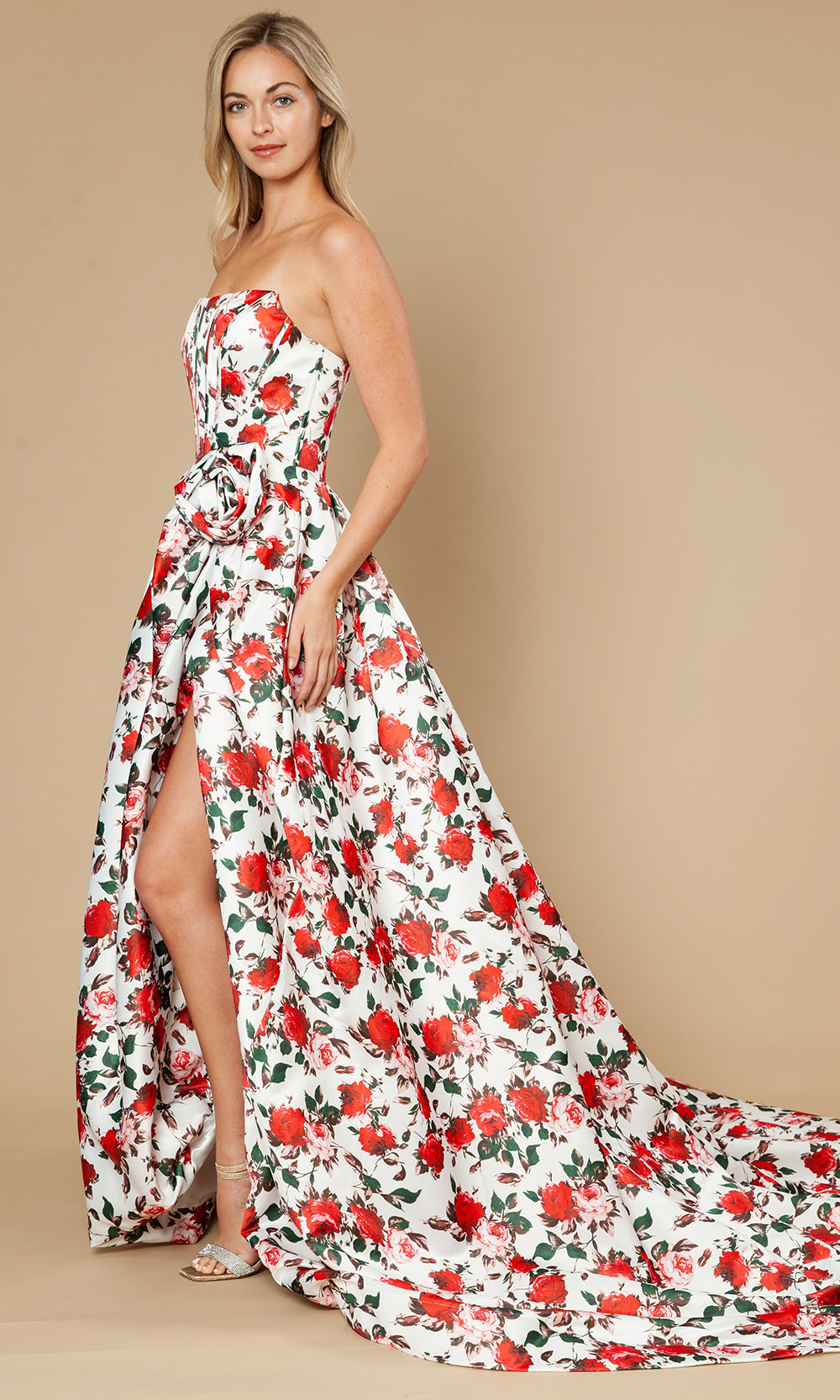 Poly USA 25188 - Floral Strapless A-Line Gown with Slit Prom Dresses
