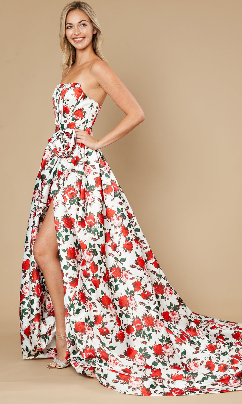 Poly USA 25188 - Floral Strapless A-Line Gown with Slit Prom Dresses
