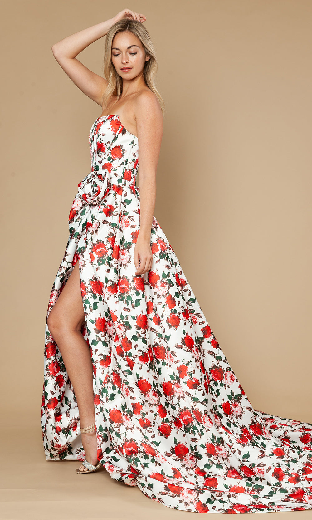 Poly USA 25188 - Floral Strapless A-Line Gown with Slit Prom Dresses