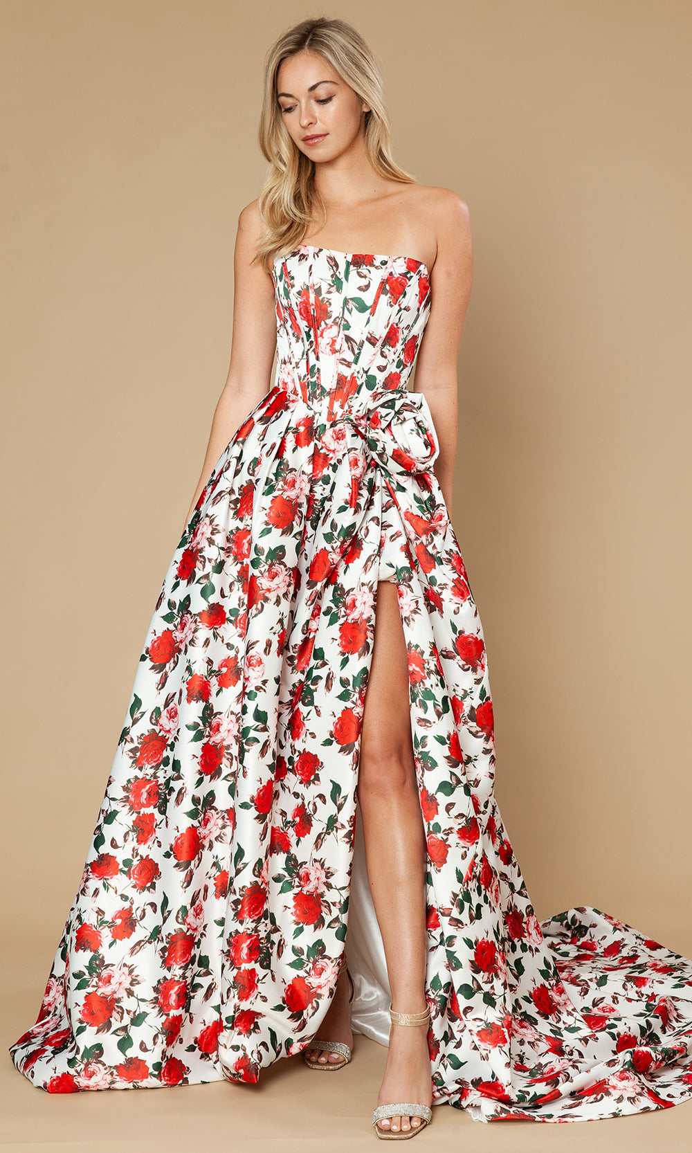 Poly USA 25188 - Floral Strapless A-Line Gown with Slit Prom Dresses