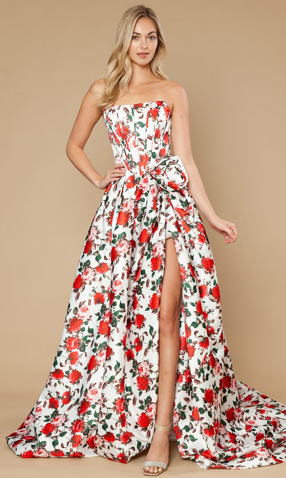 Poly USA 25188 - Floral Strapless A-Line Gown with Slit Prom Dresses