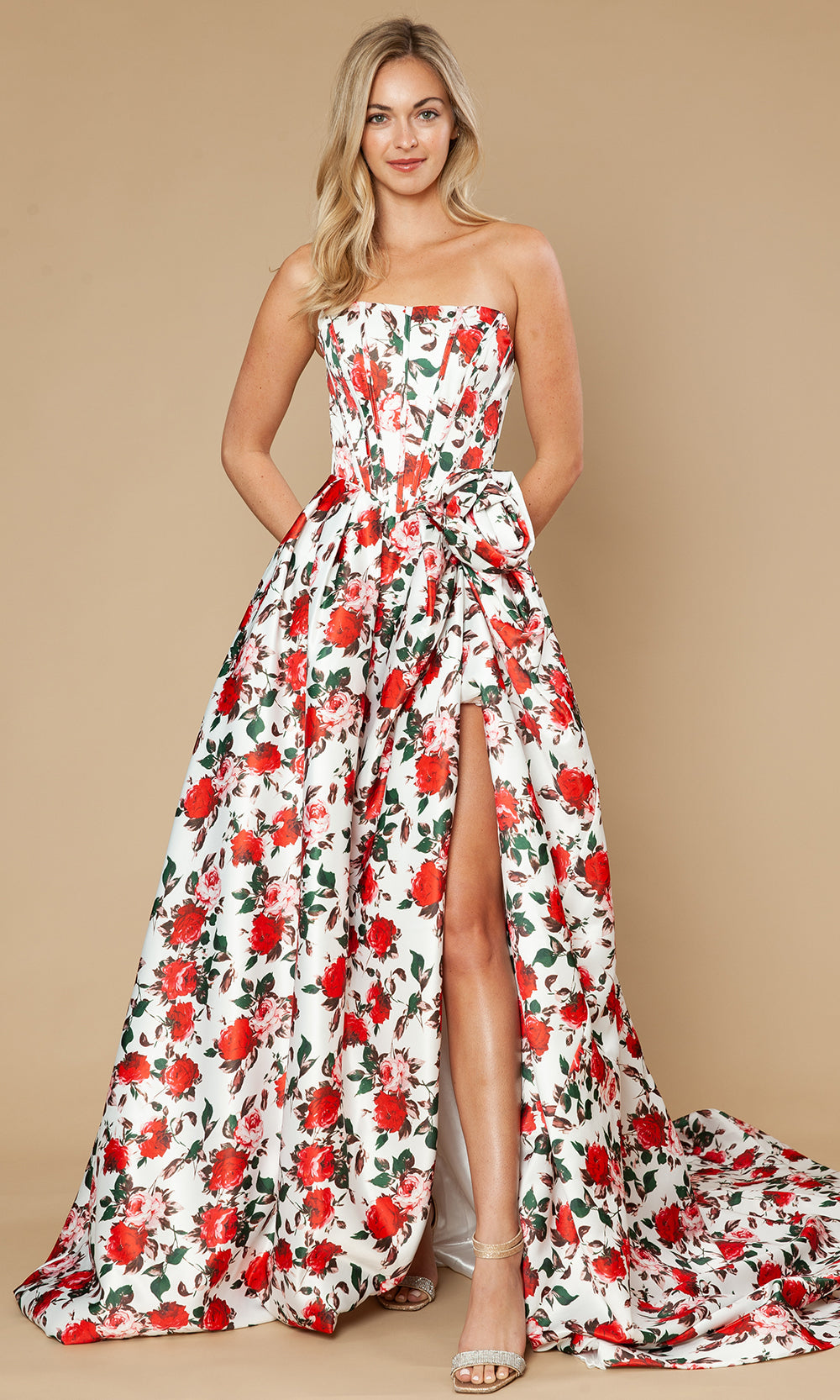 Poly USA 25188 - Floral Strapless A-Line Gown with Slit Prom Dresses