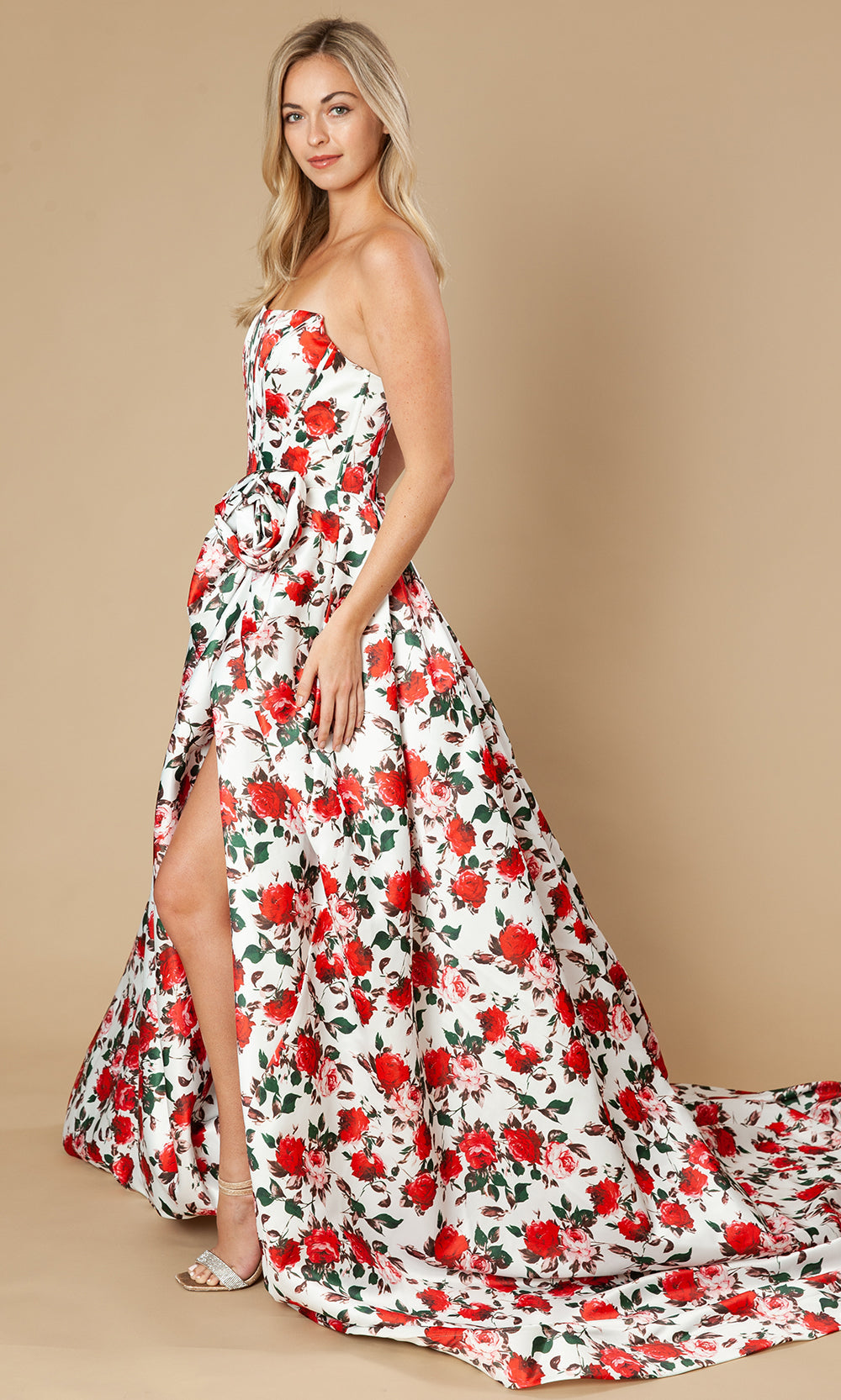 Poly USA 25188 - Floral Strapless A-Line Gown with Slit Prom Dresses