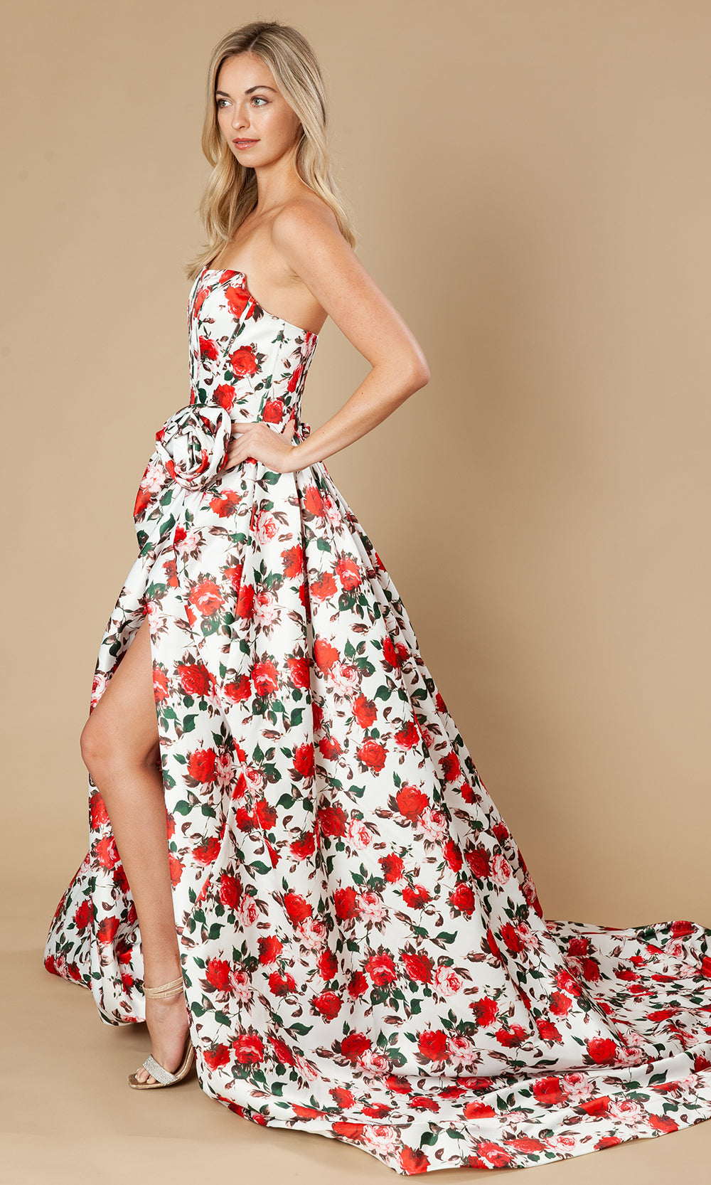 Poly USA 25188 - Floral Strapless A-Line Gown with Slit Prom Dresses