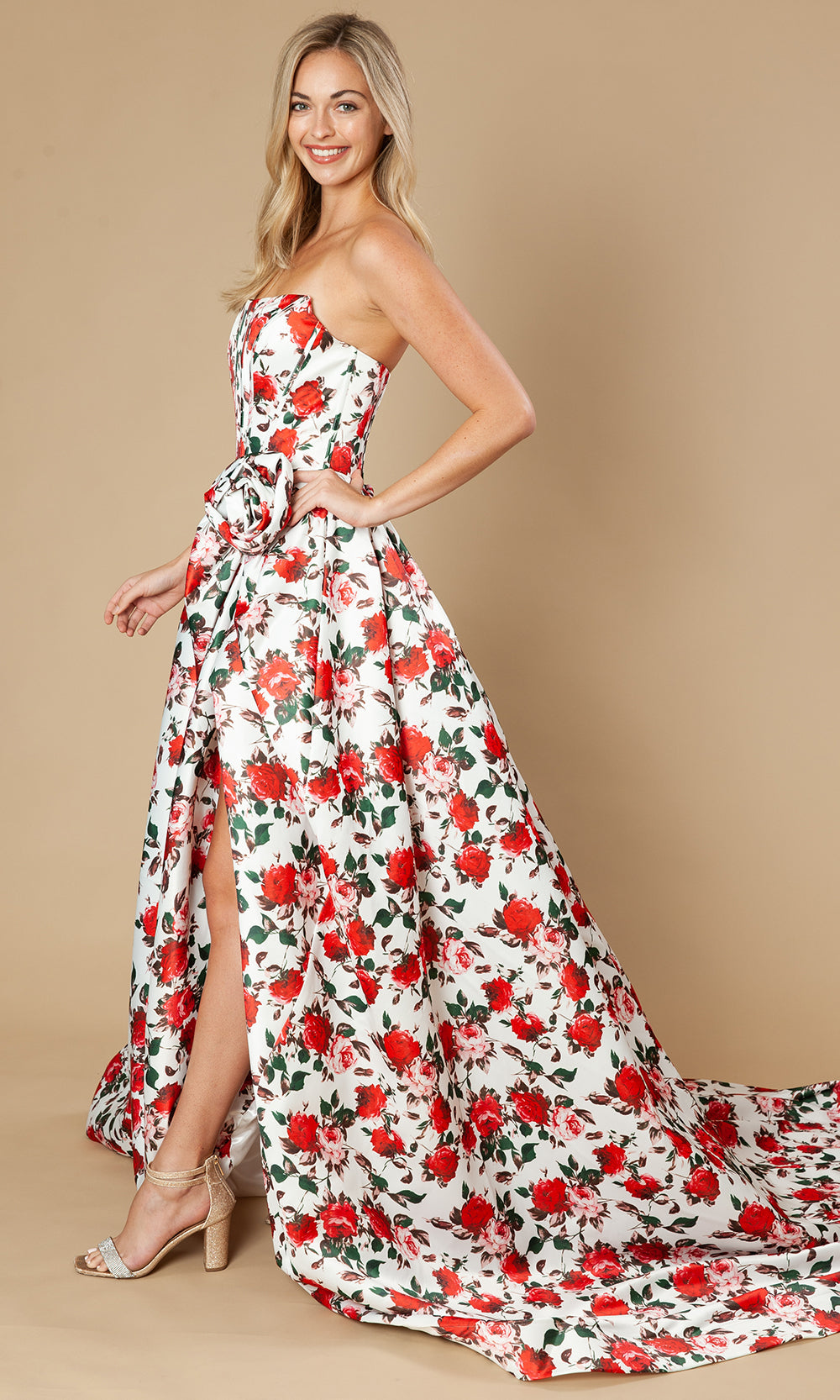 Poly USA 25188 - Floral Strapless A-Line Gown with Slit Prom Dresses