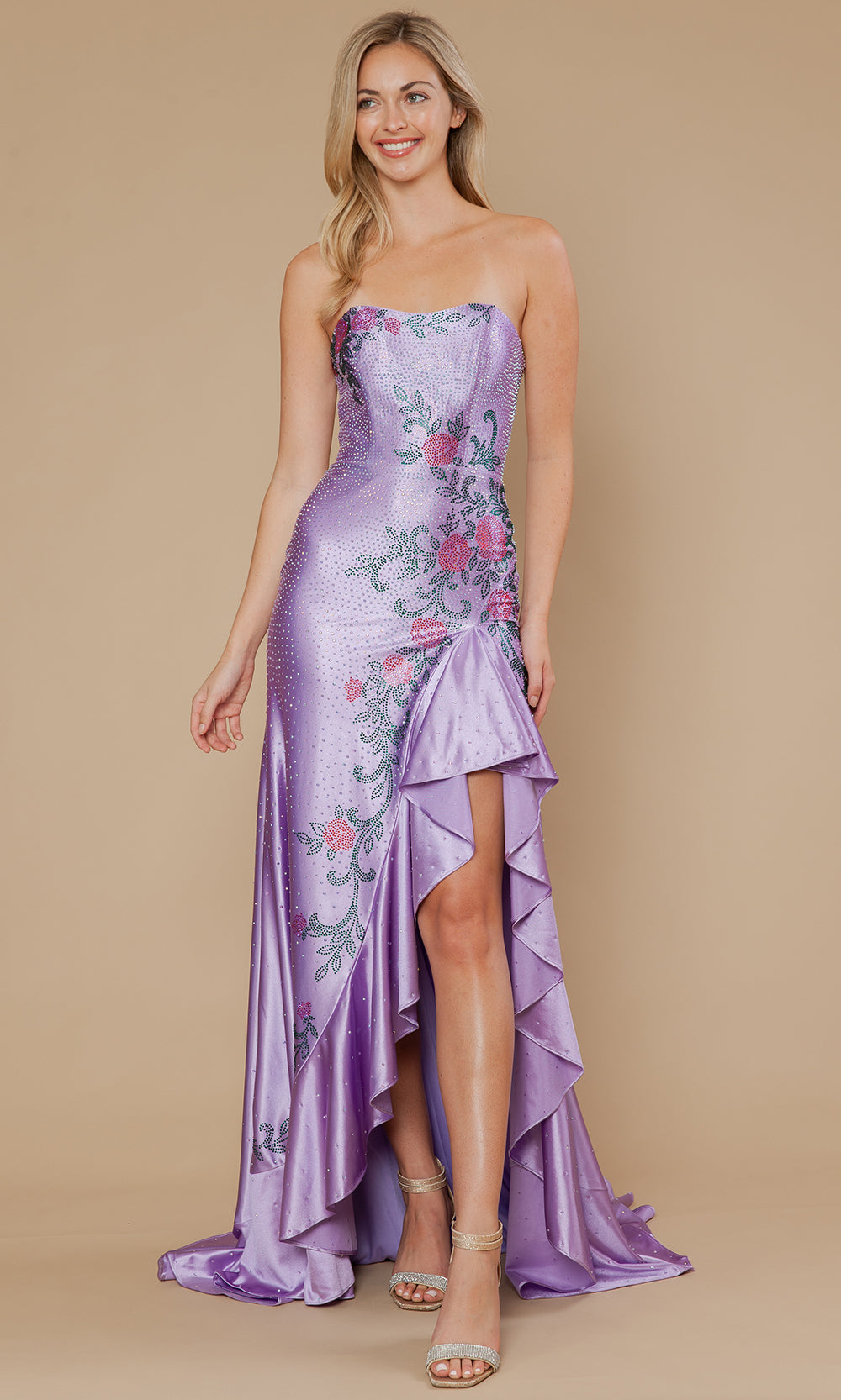 Poly USA 25194 - Floral Embellished Prom Gown with Ruffle Slit Prom Dresses