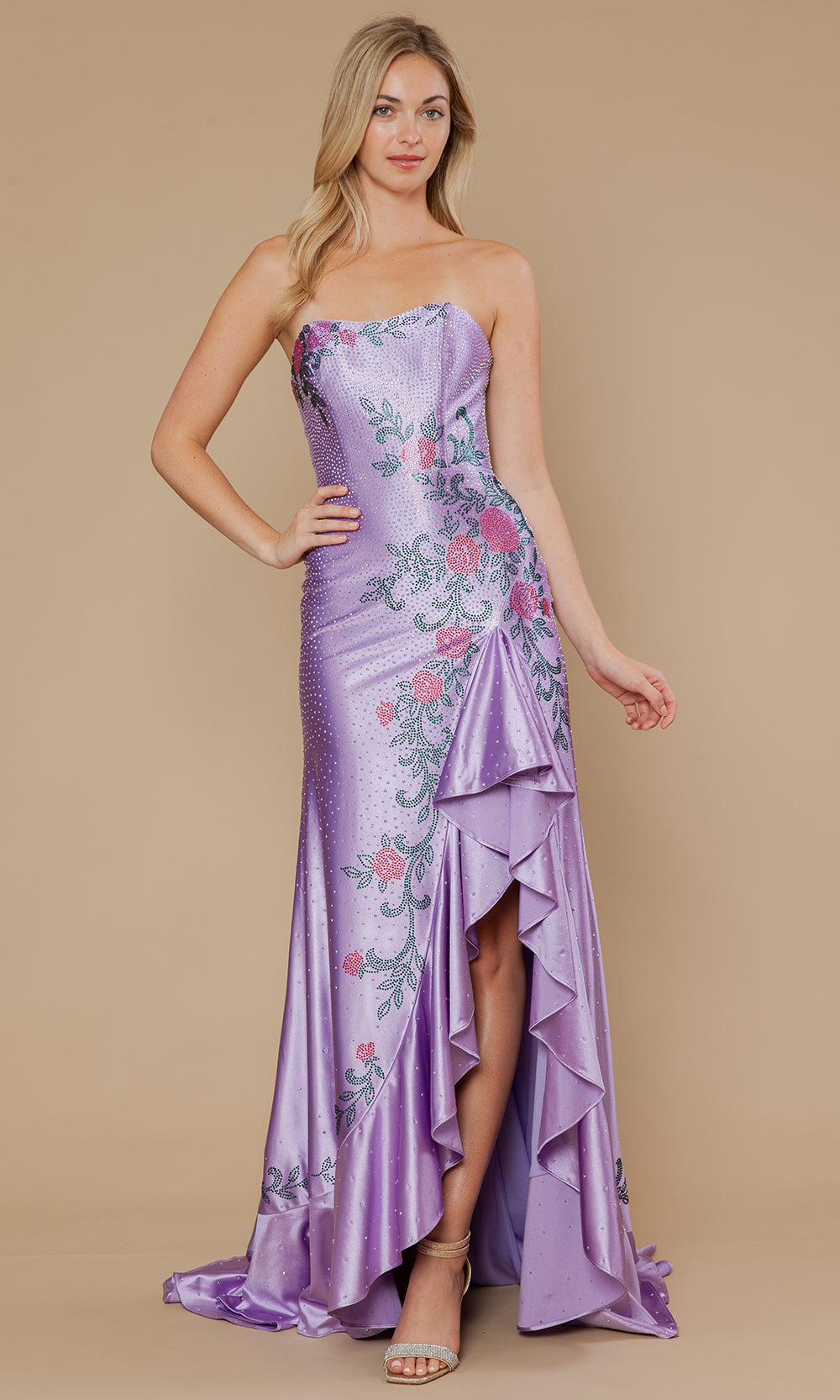 Poly USA 25194 - Floral Embellished Prom Gown with Ruffle Slit Prom Dresses