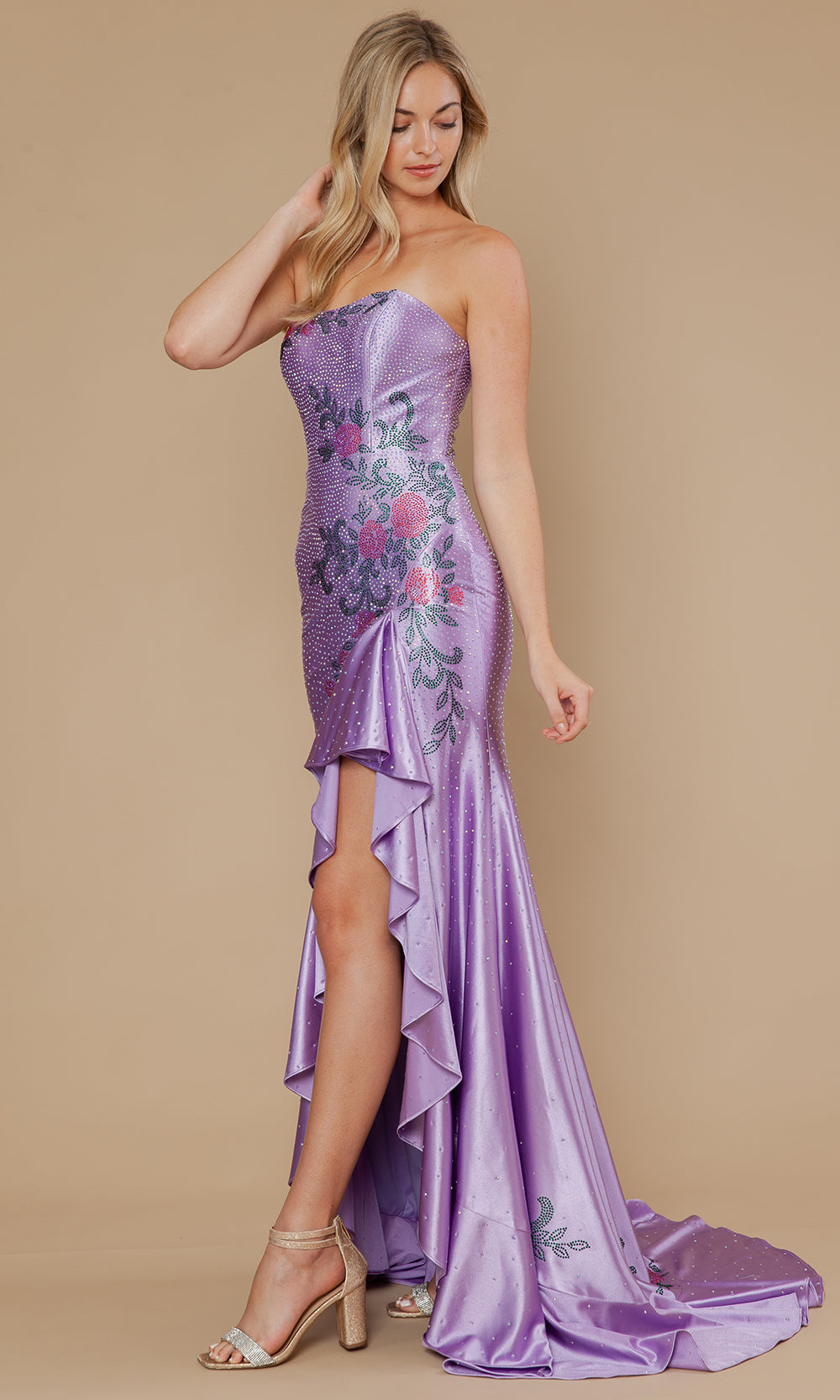 Poly USA 25194 - Floral Embellished Prom Gown with Ruffle Slit Prom Dresses