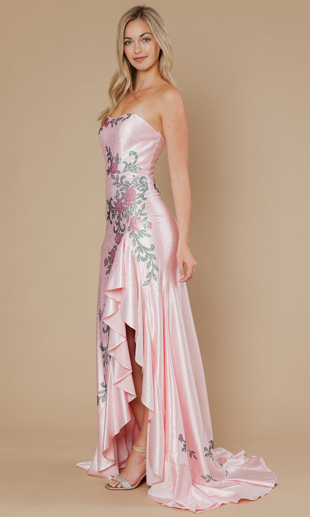 Poly USA 25194 - Floral Embellished Prom Gown with Ruffle Slit Prom Dresses