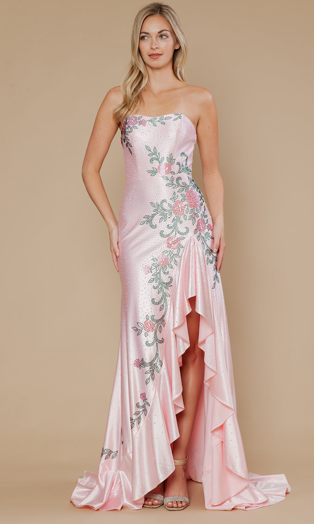 Poly USA 25194 - Floral Embellished Prom Gown with Ruffle Slit Prom Dresses