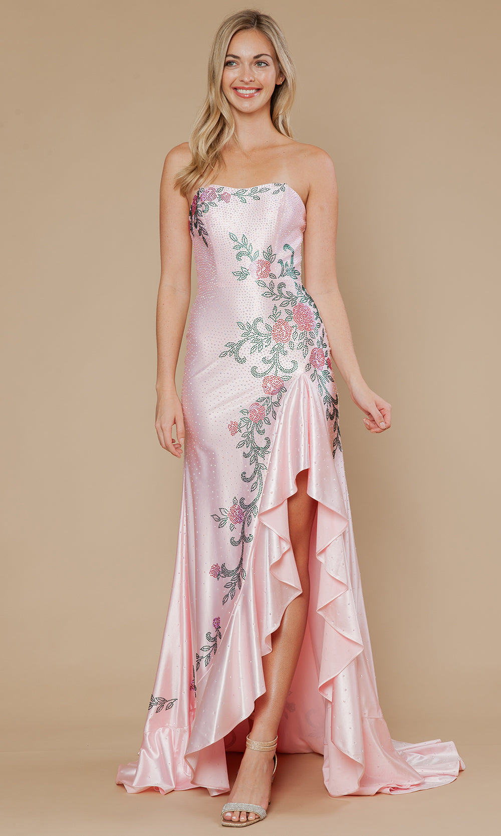 Poly USA 25194 - Floral Embellished Prom Gown with Ruffle Slit Prom Dresses