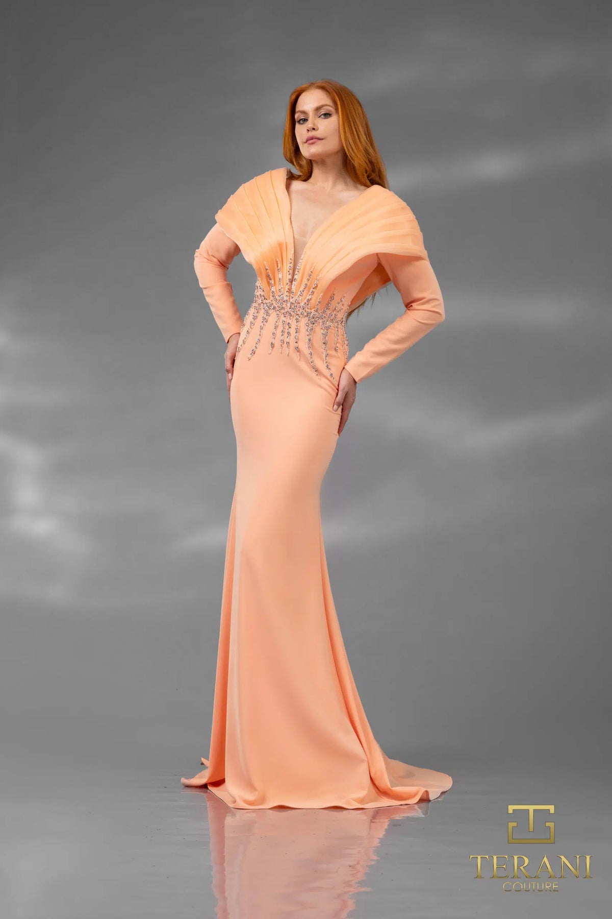 Terani Couture 251E4222 - Plunging Neckline Crepe Evening Dress
