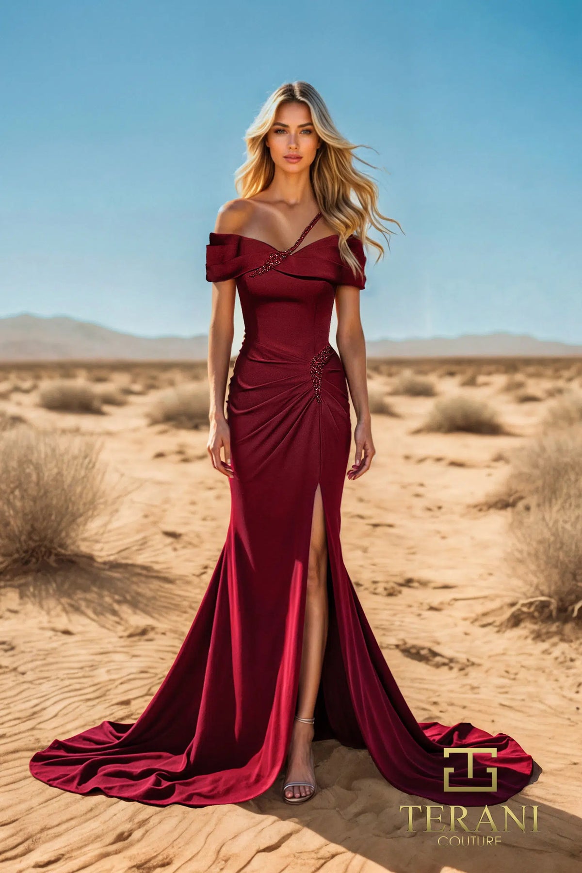 Terani Couture 251E4587 - Ruched Skirt Short Sleeve Evening Dress