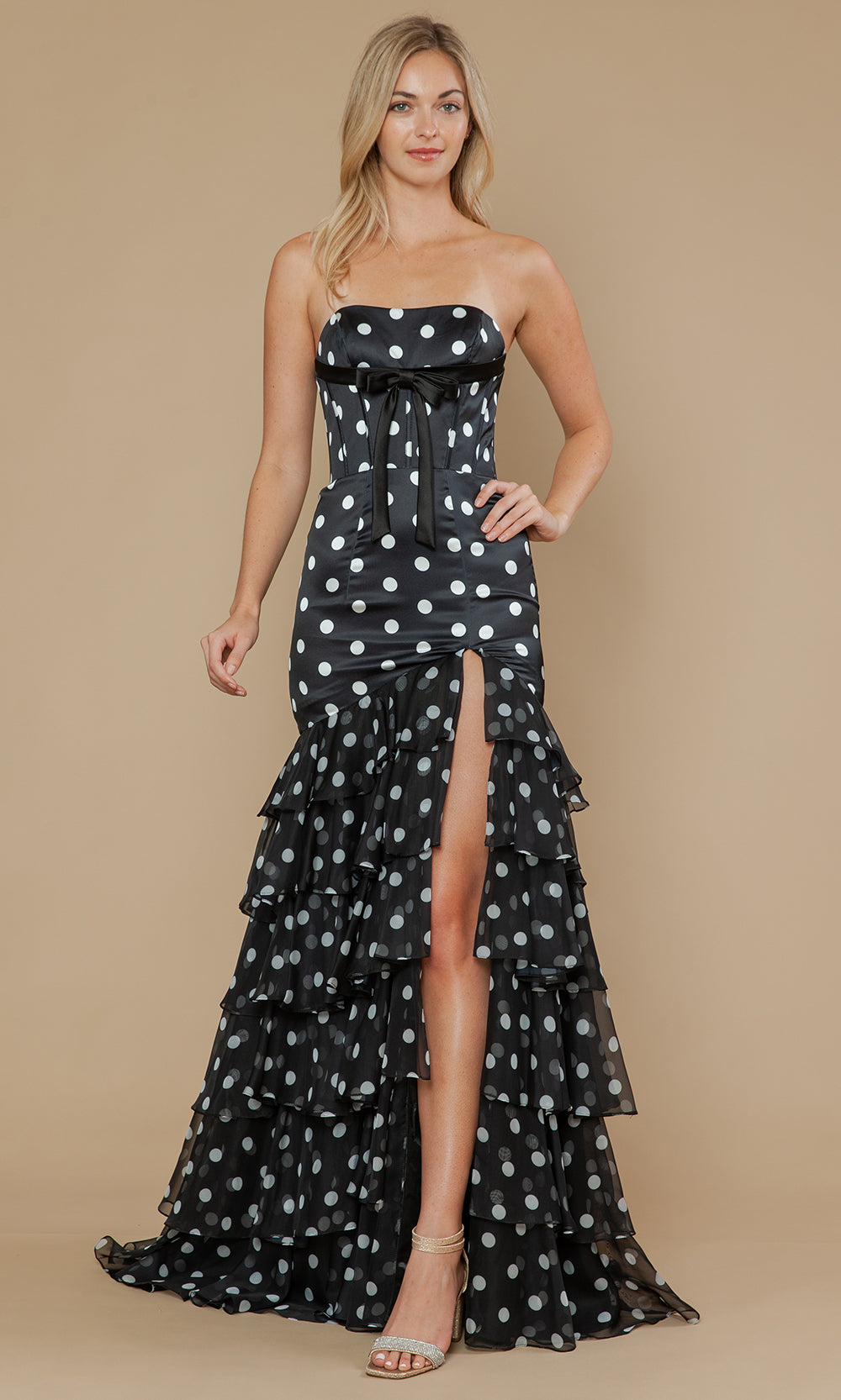 Poly USA 25202 - Bow Accent Polka Dot High Slit Gown Prom Dresses