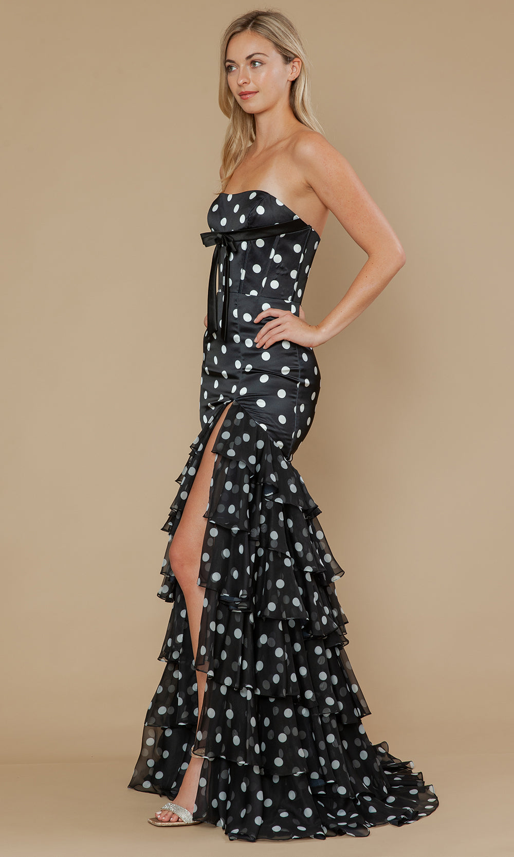 Poly USA 25202 - Bow Accent Polka Dot High Slit Gown Prom Dresses