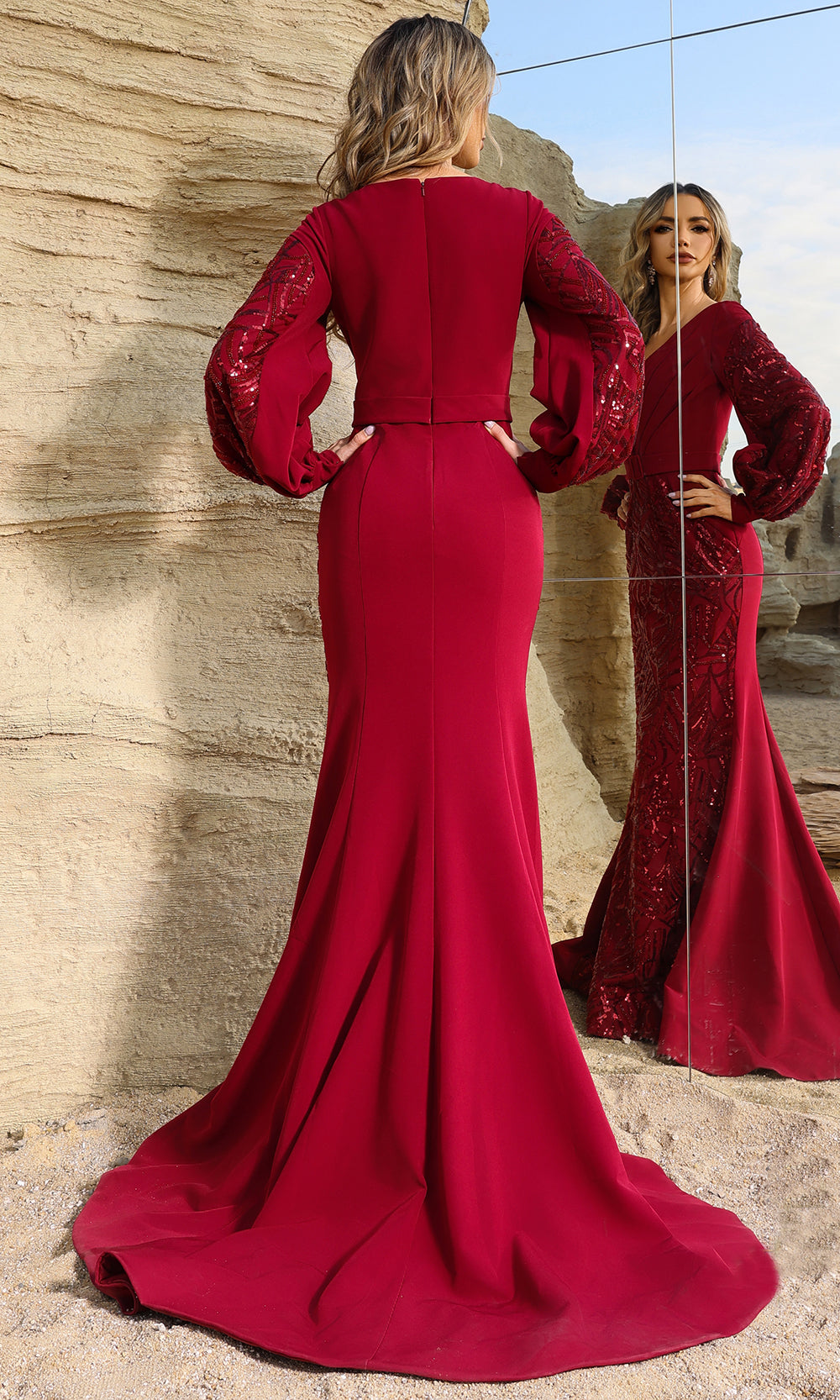terani long sleeve dress 251M4446 Assyemtric Sheath Long Full Sleeves Dress