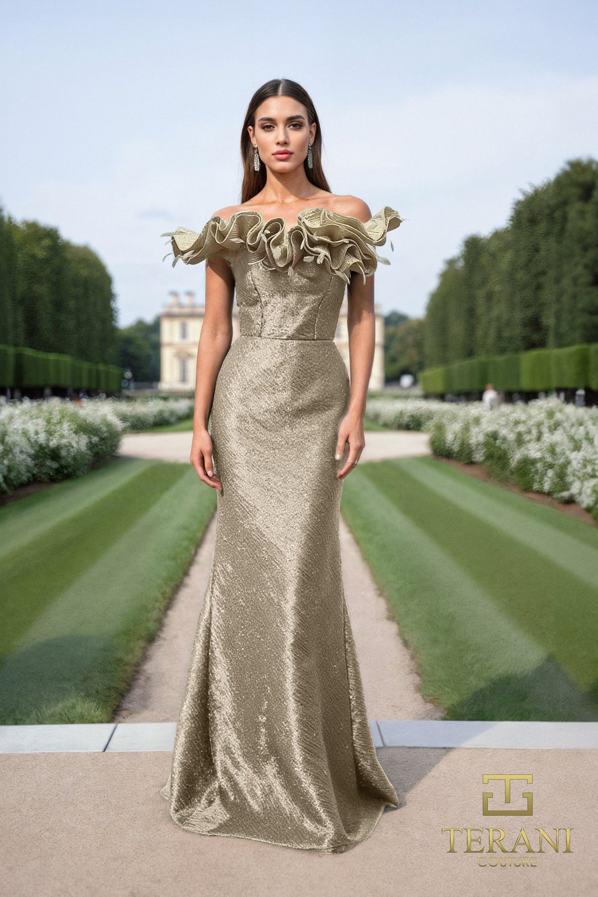 Terani Couture 252E5156 - Metallic Sheath Gown with Ruffles