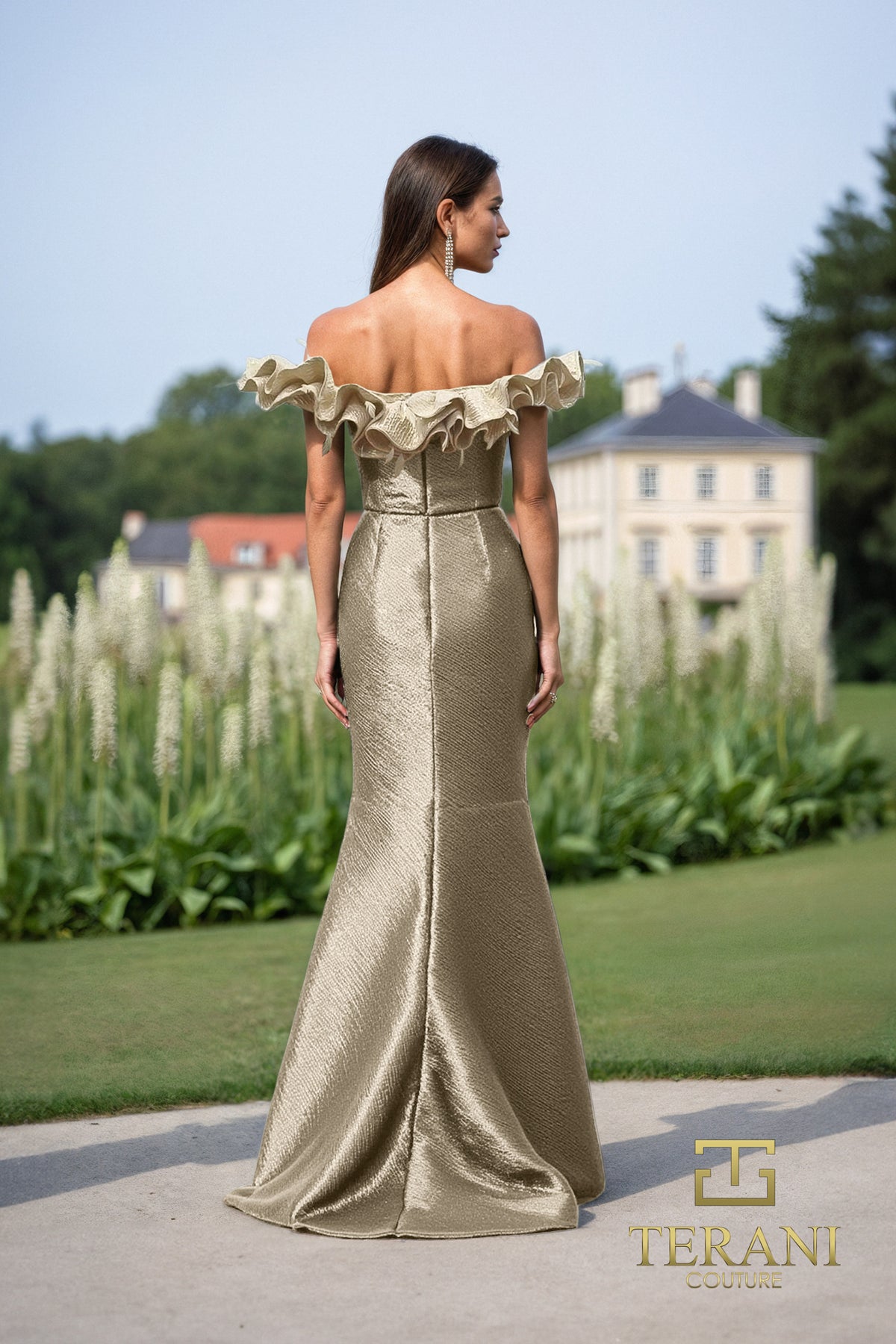 terani couture green dress Off the shoulder a line gown from Terani couture