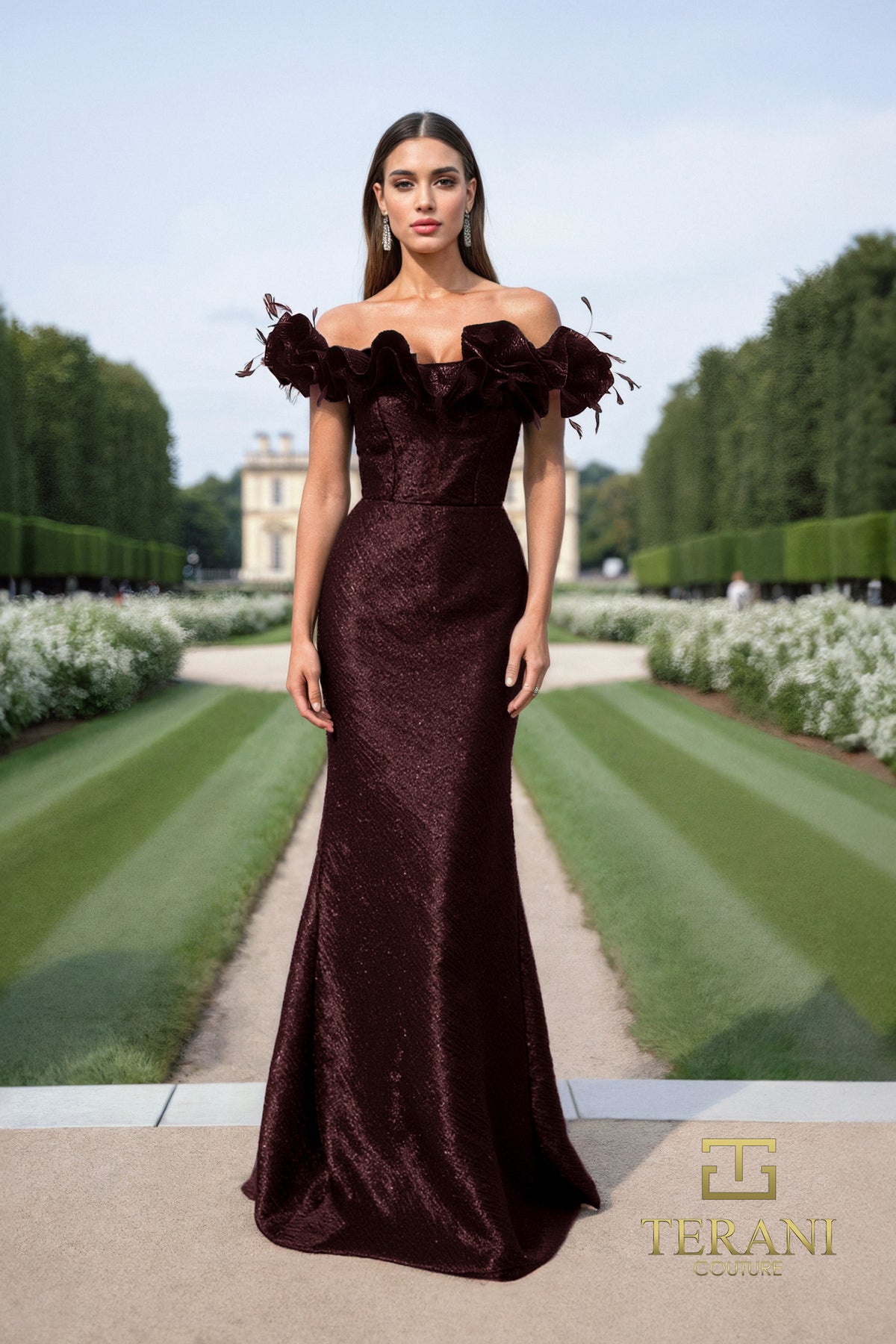 Terani Couture 252E5156 - Metallic Sheath Gown with Ruffles