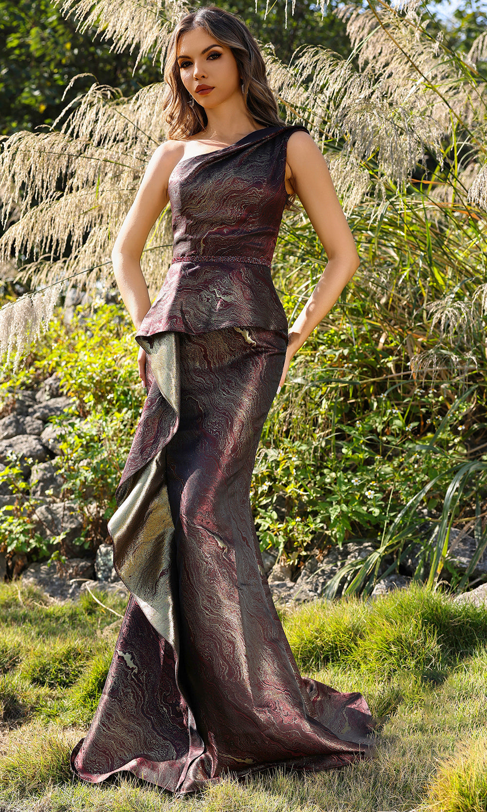 Terani Couture 252E5159 - Peplum Waist Jacquard Evening Dress Evening Dresses