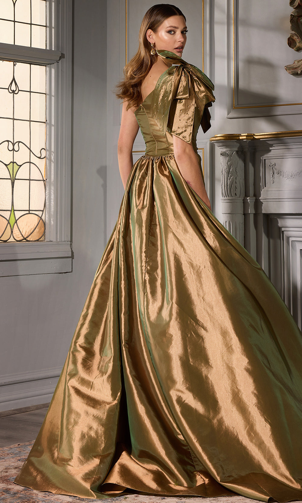 Terani Couture 252E5531 - Long Stretch Taffeta Column/A-Line Dress - Oversized Shoulder Bow, Ruched Bodice, Beaded Accent, Overskirt, Front Slit, Terani Couture 252E5531 - Long Stretch Taffeta Column/A-Line Dress - Oversized Shoulder Bow, Ruched Bodice, Beaded Accent, Overskirt, Front Slit,