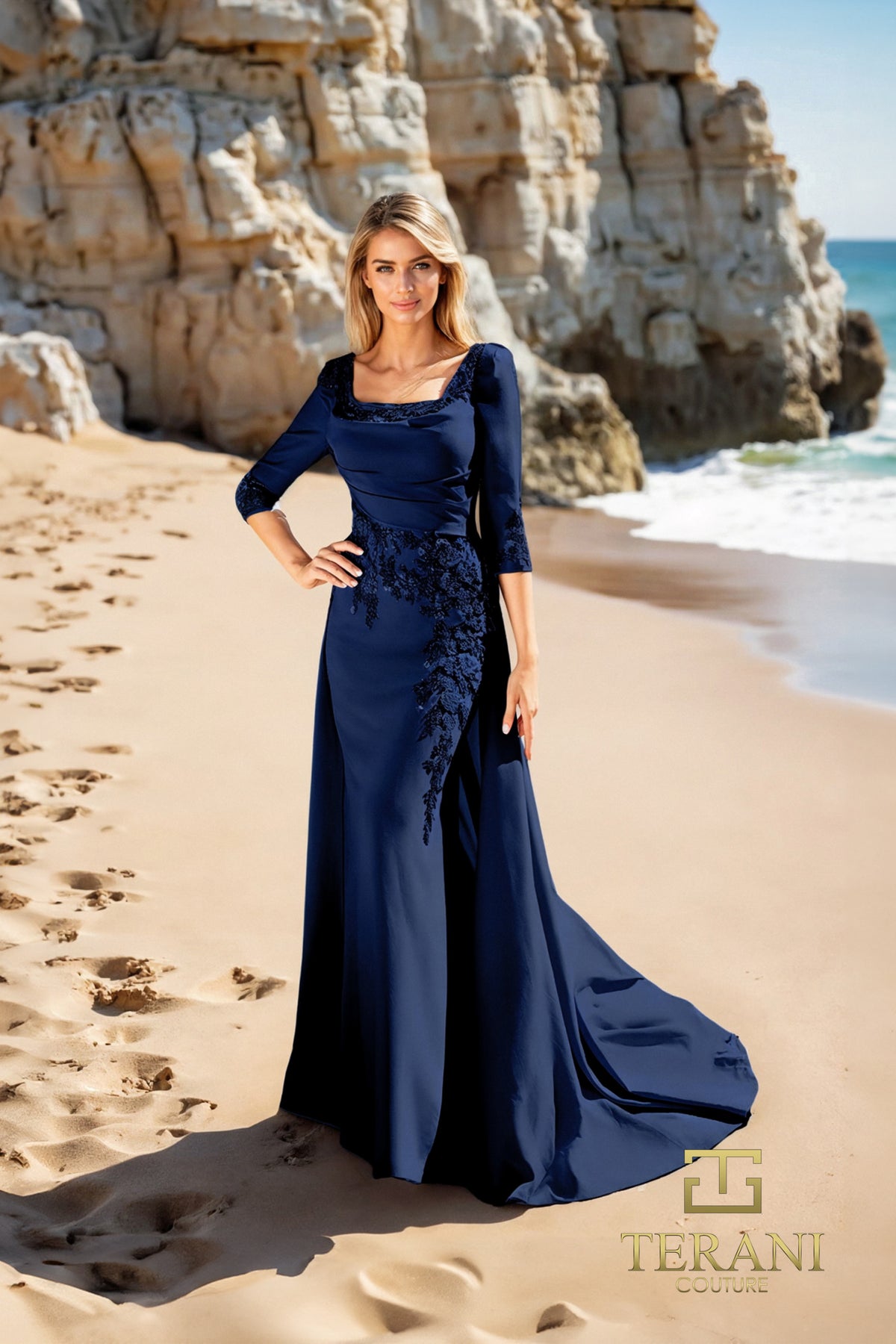 Terani Couture 252M5338 - Elegant Quarter Sleeve Overskirt Gown