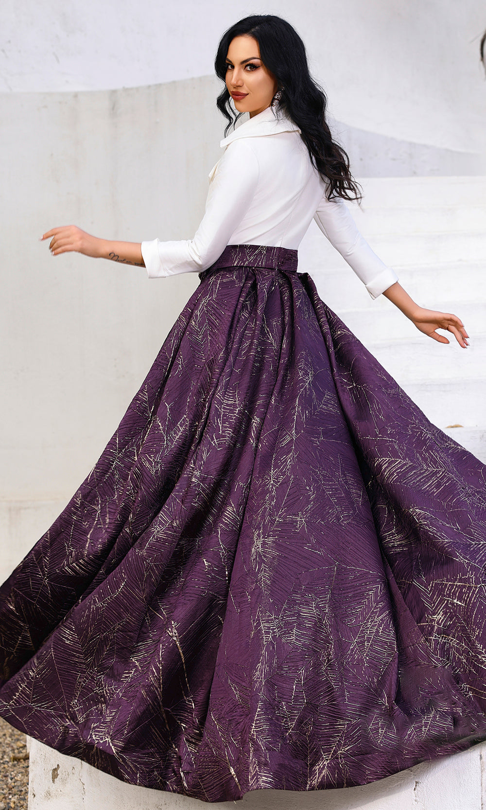 Terani Couture 252M5522 - Long Stretch Mikado A-Line Dress - Collared Neckline, Three-Quarter Sleeves, Belted Waist, Pockets, Side Slit, Pleated Skirt Terani Couture 252M5522 - Long Stretch Mikado A-Line Dress - Collared Neckline, Three-Quarter Sleeves, Belted Waist, Pockets, Side Slit, Pleated Skirt