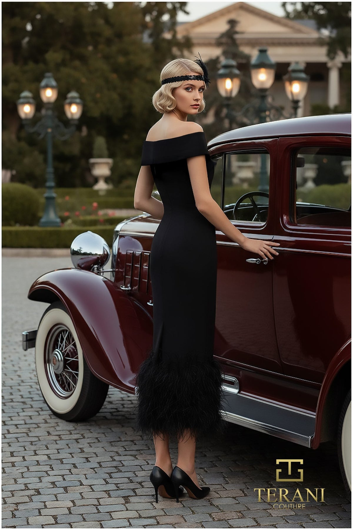Terani Couture 252C5033 Tea-Length Sheath Dress with Feather Hem