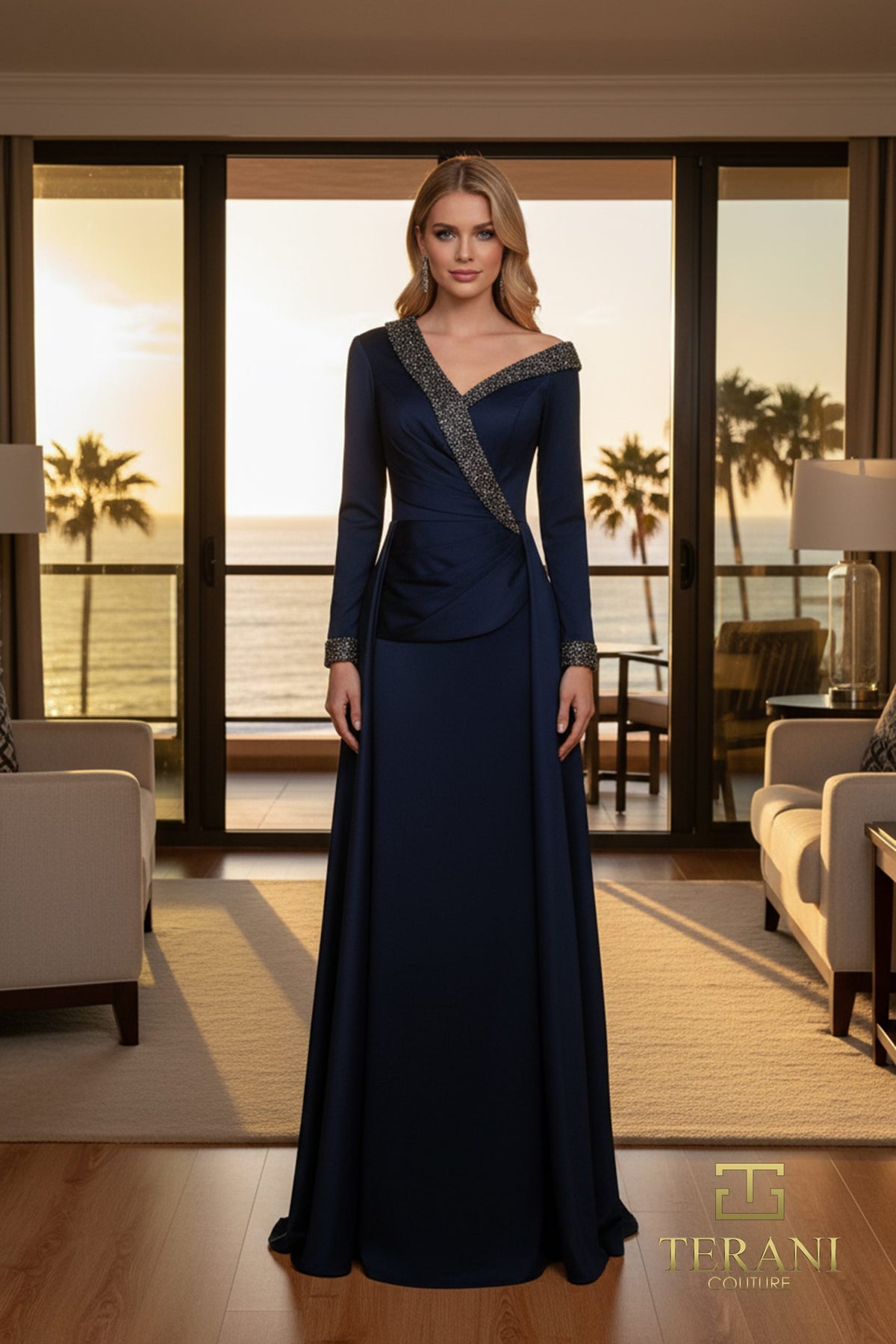 Terani Couture 252E5108 - Long Sleeve Overskirt Evening Gown
