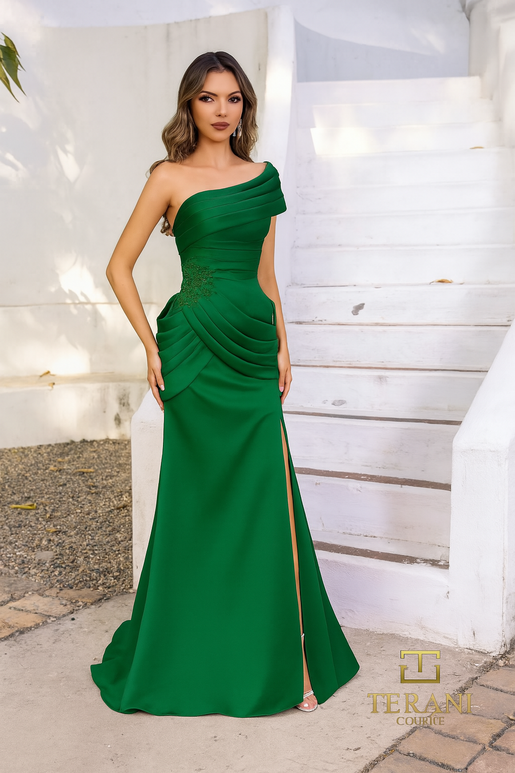 Terani Couture 252E5180 - Asymmetric Off Shoulder Gown with Slit