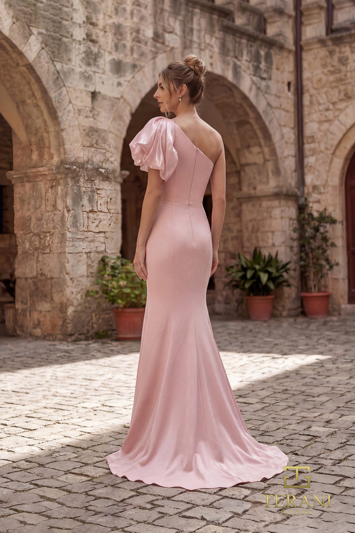 Terani Couture 252E5514 - One Shoulder Puff Sleeve Gown