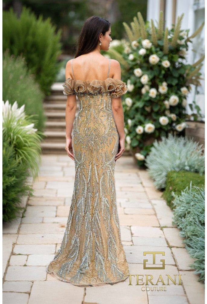 Terani Couture 252GL5226 - Ruffles Off Shoulder Beaded Sheath Gown