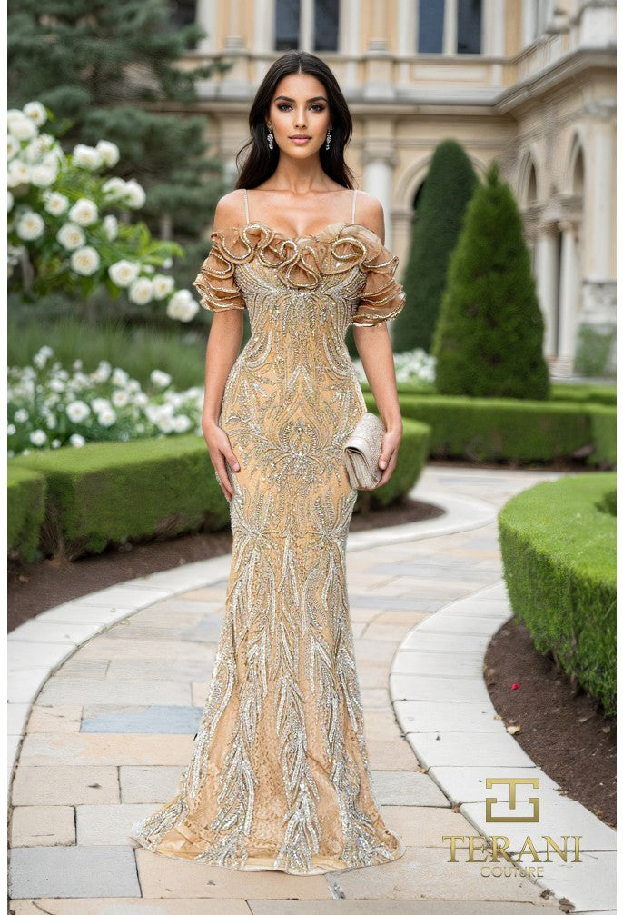 Terani Couture 252GL5226 - Ruffles Off Shoulder Beaded Sheath Gown
