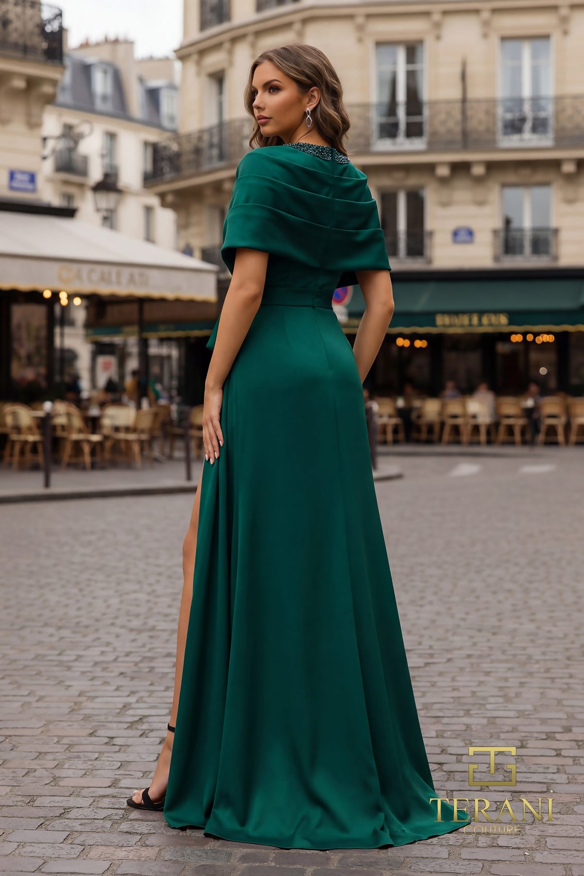 Terani Couture 252M5304 - Pleated Cape Sleeve Evening Gown