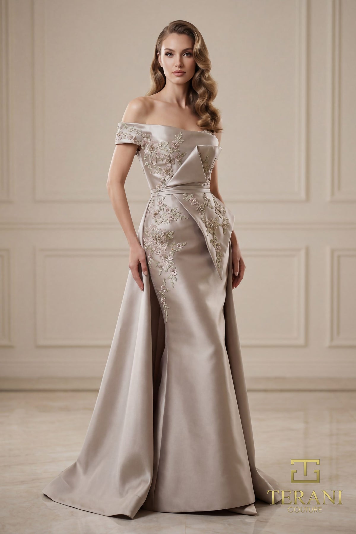 Terani Couture 252M5309 - Applique Sheath Gown with Overskirt