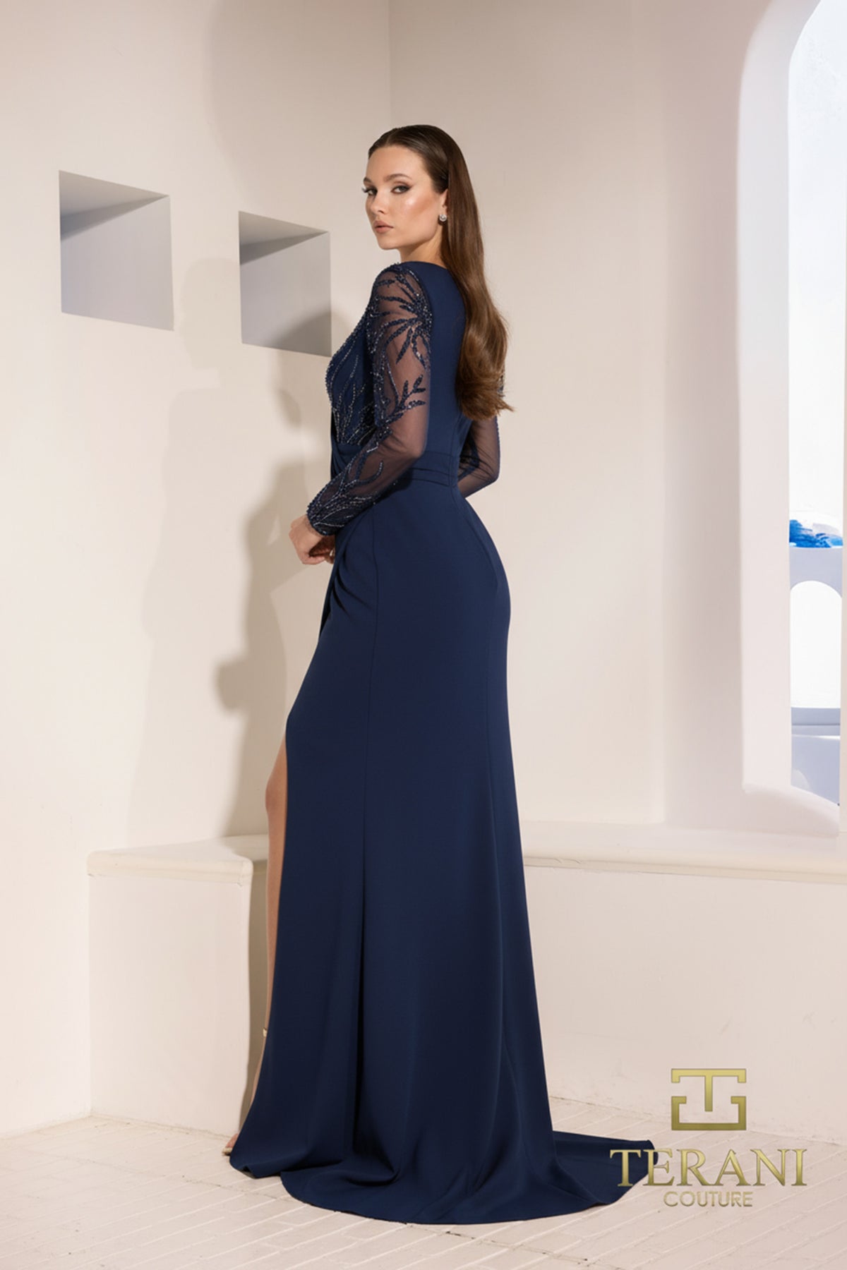 Terani Couture 252M5377 - Long Sleeve Embellished Draped Gown