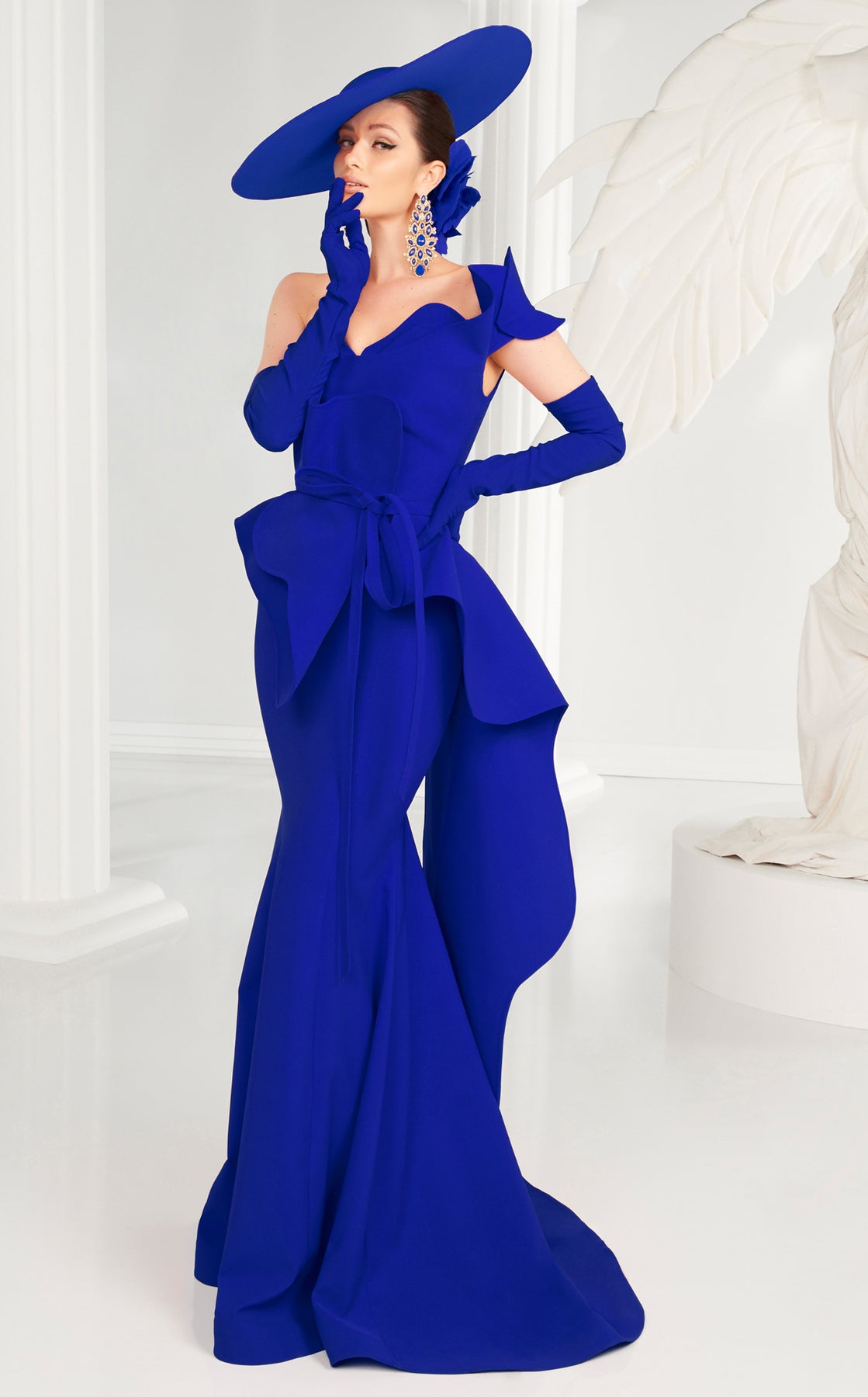 MNM Couture - 2553 Asymmetric Peplum Draped Back Long Gown