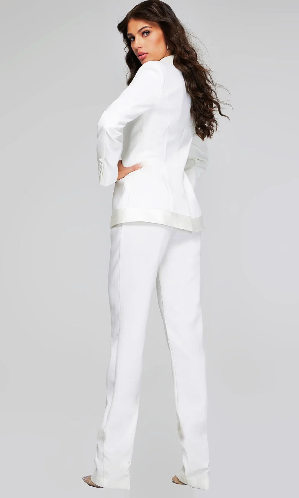 Jovani 25981 - Shawl Lapel Deep V-Neckline Pantsuit Special Occasion Dress In Off White
