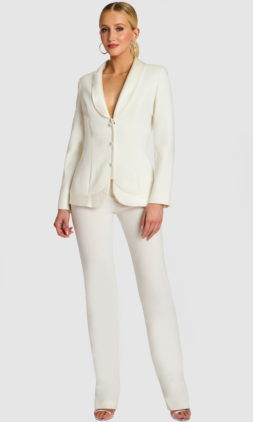 Jovani 25981 - Shawl Lapel Deep V-Neckline Pantsuit Special Occasion Dress In Off White