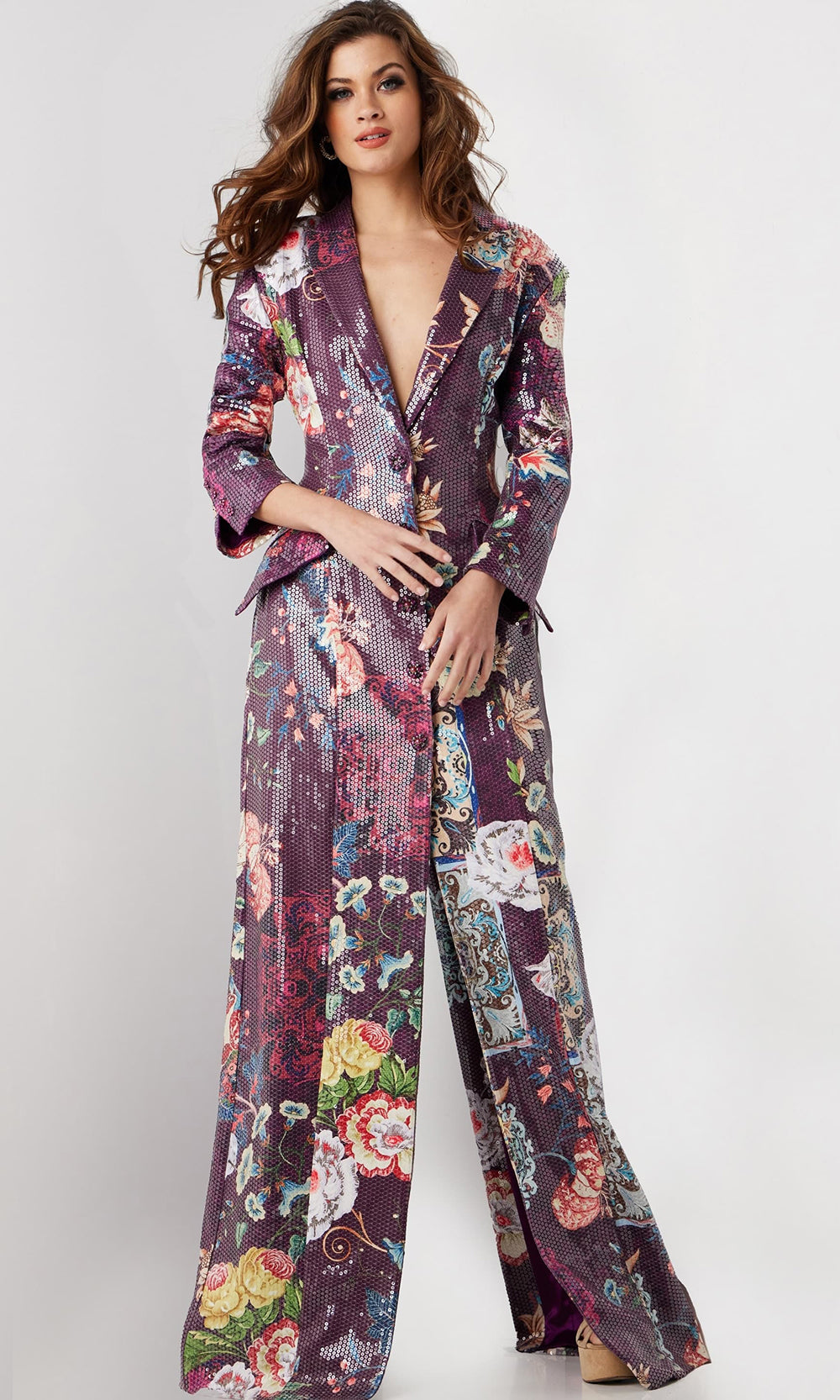 Jovani 26035 - Plunging V-Neck Beaded Button Coat Dress Prom Dresses  in Multi 