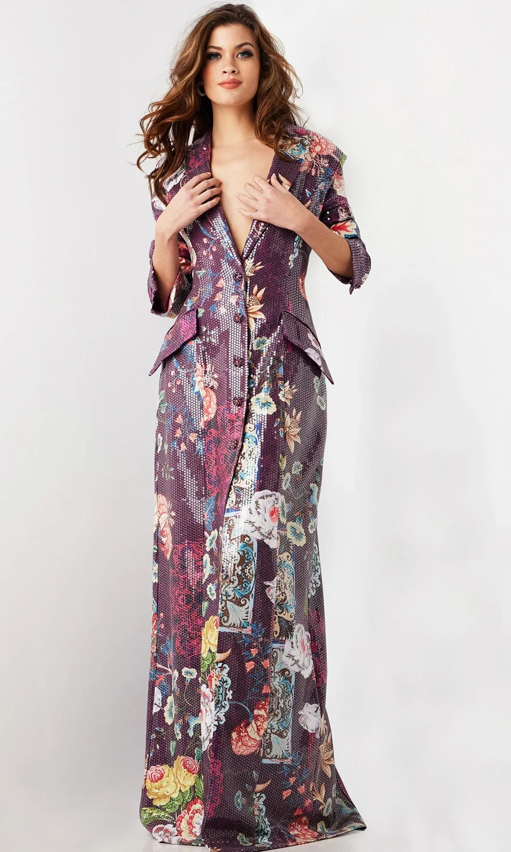 Jovani 26035 - Plunging V-Neck Beaded Button Coat Dress Prom Dresses