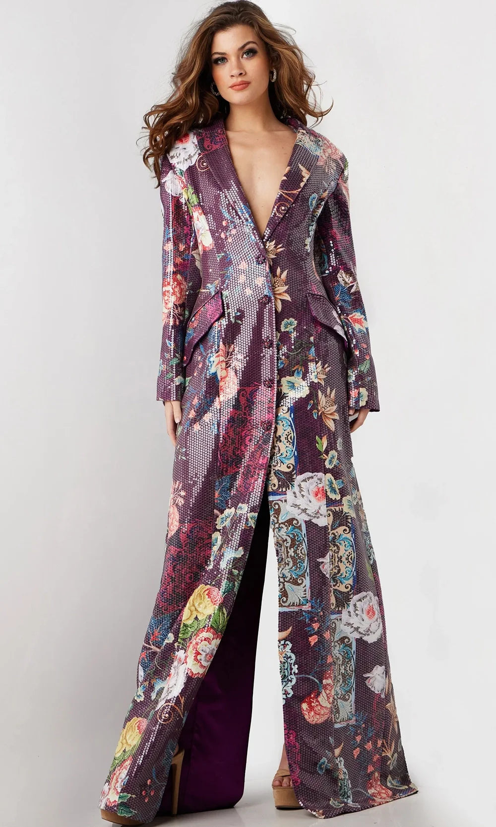Jovani 26035 - Plunging V-Neck Beaded Button Coat Dress Prom Dresses  in Multi 