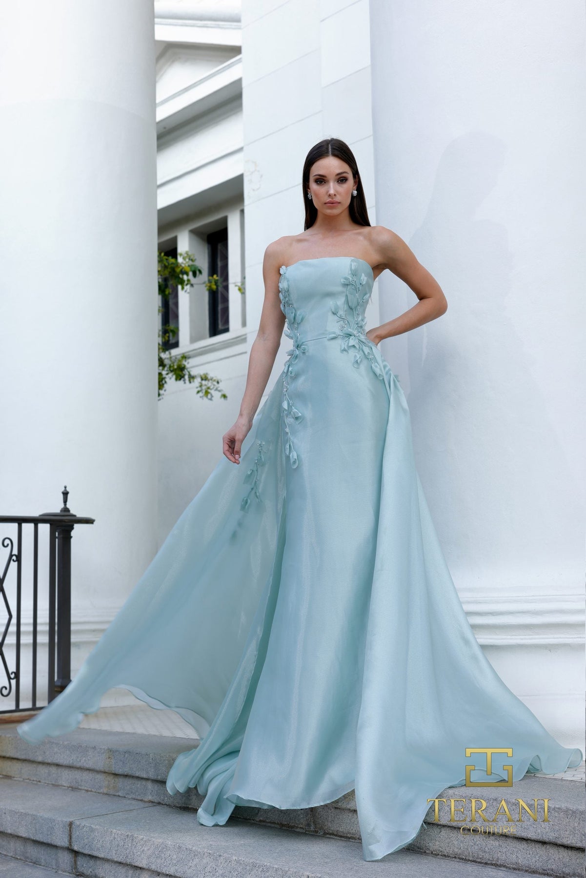 Terani Couture 261E6195 Pleated Overskirt Floral Embellished Dress