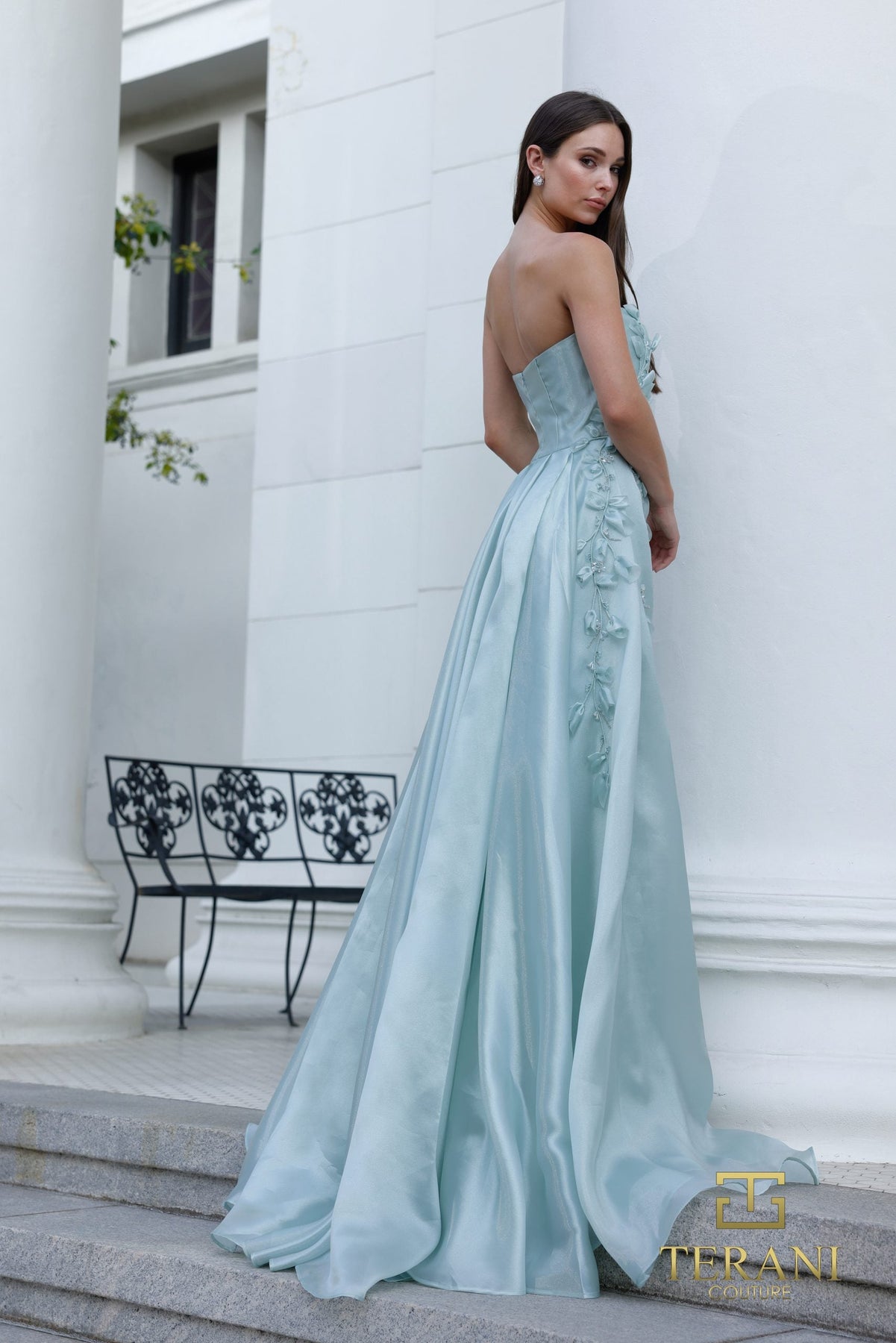 Terani Couture 261E6195 Pleated Overskirt Floral Embellished Dress