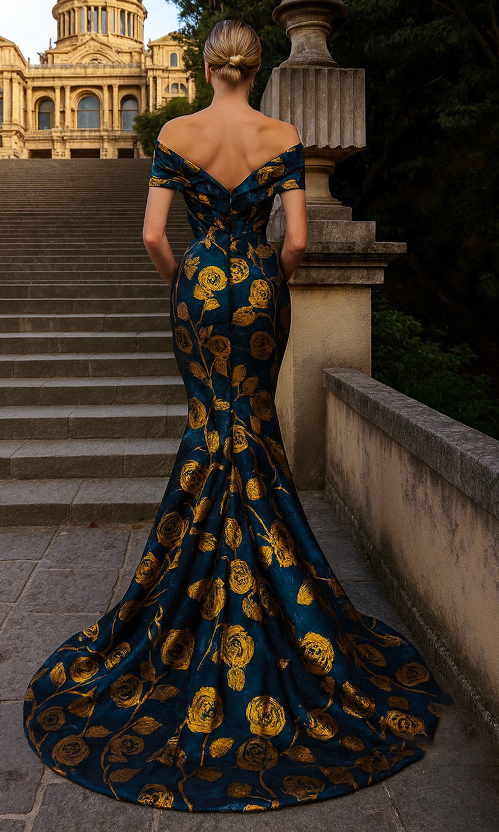 Terani Couture 261E6273 Short Sleeve Floral Mermaid Dress