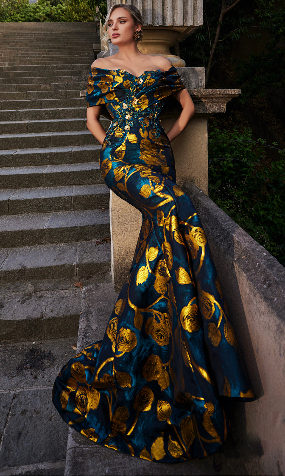 Terani Couture 261E6273 Short Sleeve Floral Mermaid Dress